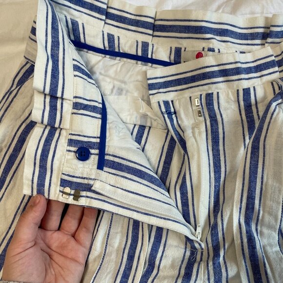 Boden 100% Linen Tie Waist Paper Bag Blue and White Pin Strip Shorts Size 10 - Picture 5 of 7